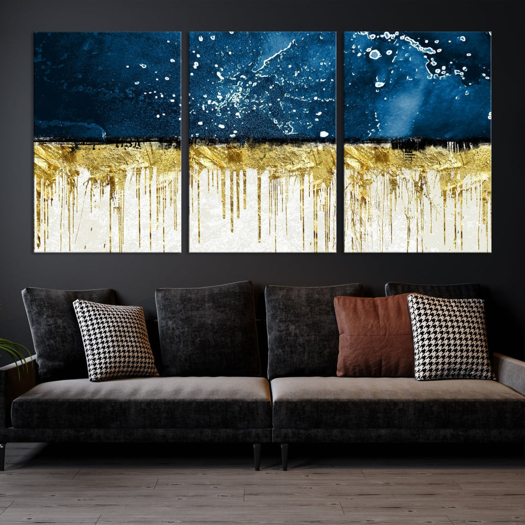 Navy Blue Gold and White Marble Abstract Painting Canvas Wall Art Print