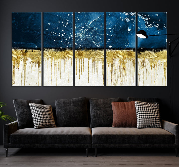 Navy Blue Gold and White Marble Abstract Painting Canvas Wall Art Print