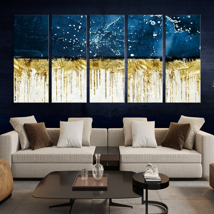 Navy Blue Gold and White Marble Abstract Painting Canvas Wall Art Print