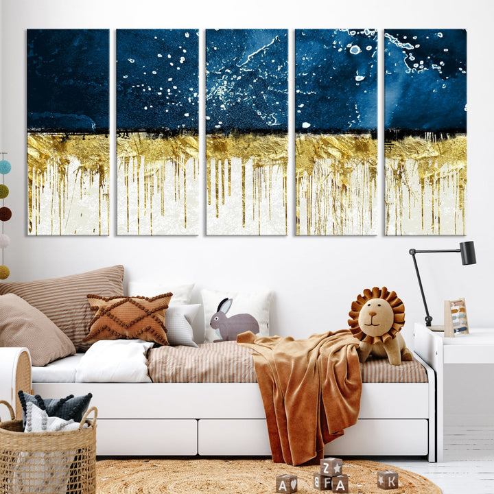 Navy Blue Gold and White Marble Abstract Painting Canvas Wall Art Print