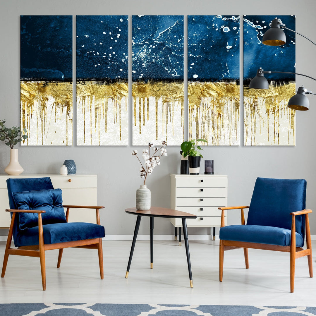 Navy Blue Gold and White Marble Abstract Painting Canvas Wall Art Print