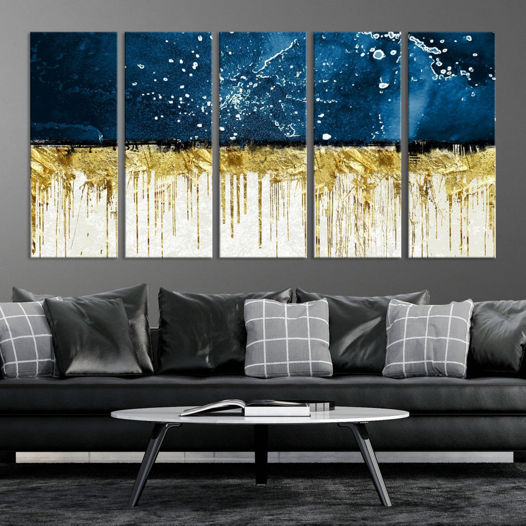 Navy Blue Gold and White Marble Abstract Painting Canvas Wall Art Print