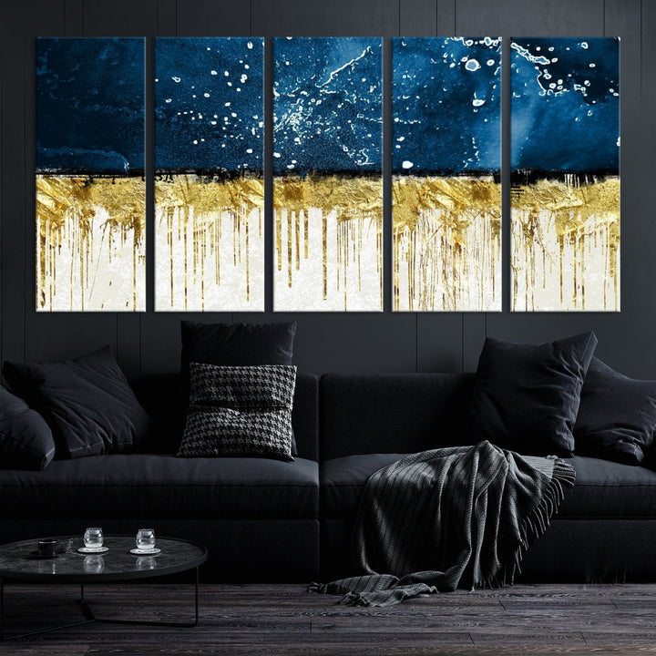 Navy Blue Gold and White Marble Abstract Painting Canvas Wall Art Print