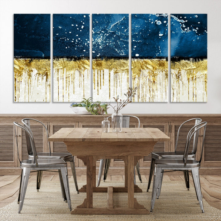 Navy Blue Gold and White Marble Abstract Painting Canvas Wall Art Print