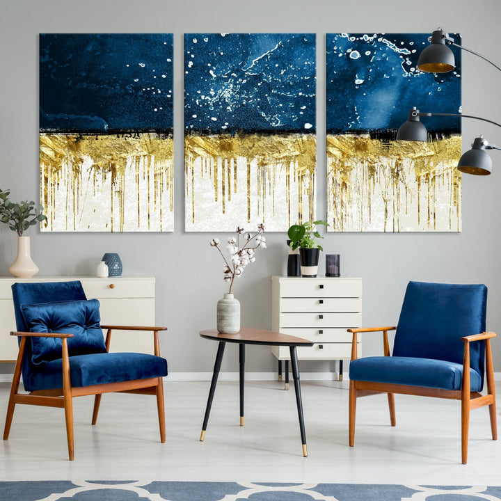 Navy Blue Gold and White Marble Abstract Painting Canvas Wall Art Print