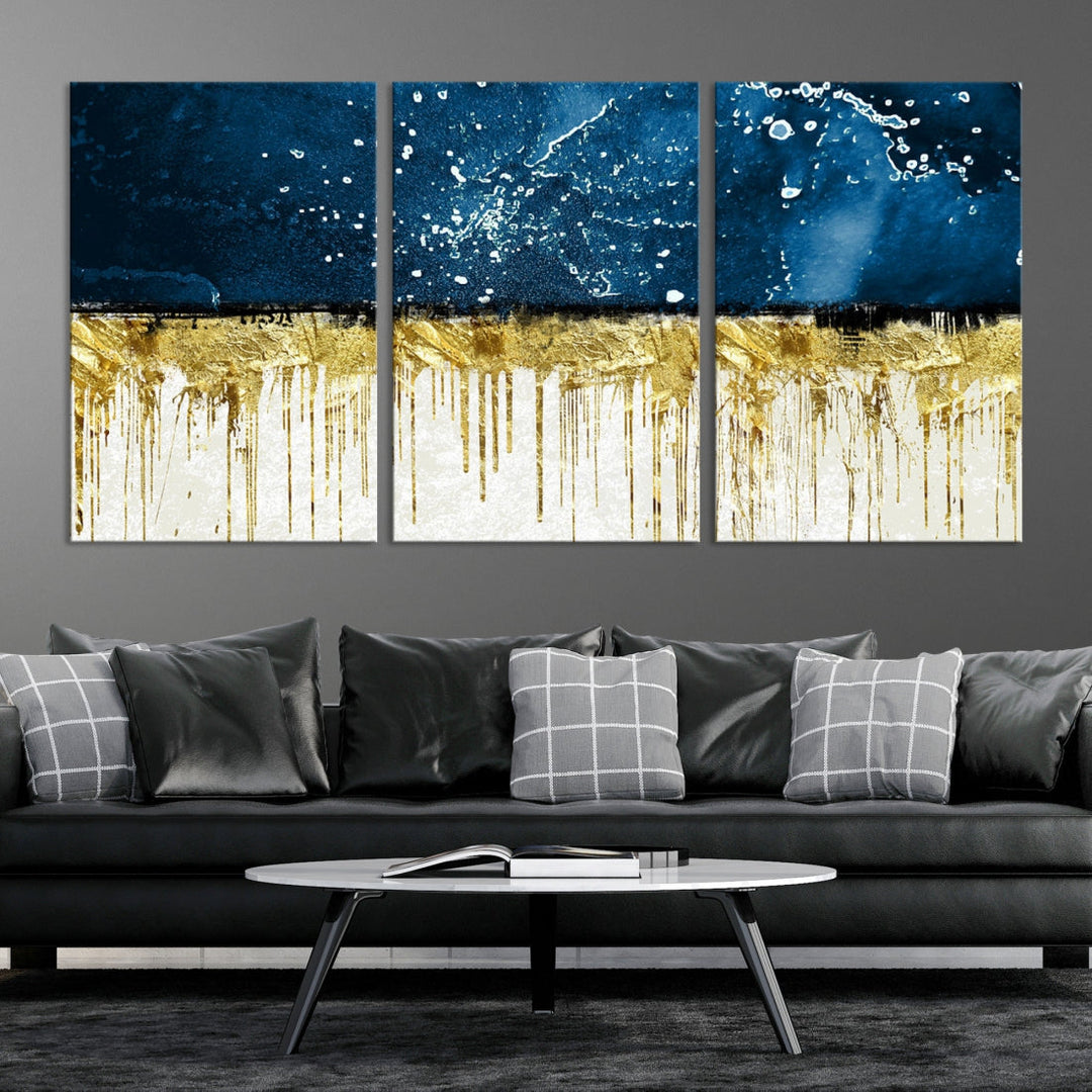 Navy Blue Gold and White Marble Abstract Painting Canvas Wall Art Print