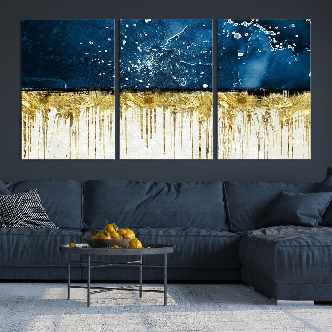 Navy Blue Gold and White Marble Abstract Painting Canvas Wall Art Print