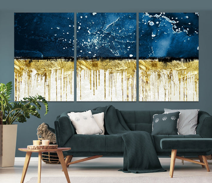 Navy Blue Gold and White Marble Abstract Painting Canvas Wall Art Print