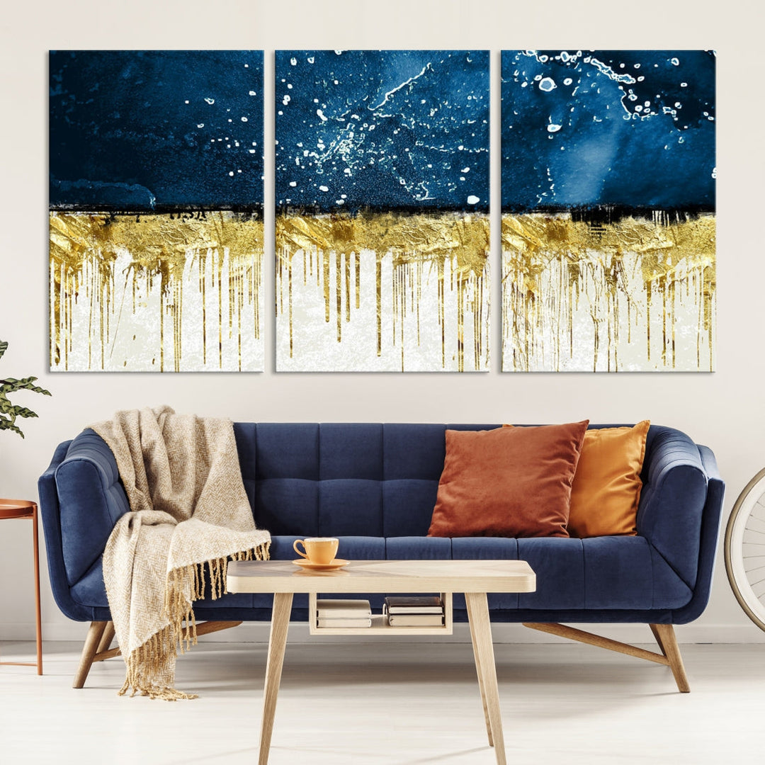 Navy Blue Gold and White Marble Abstract Painting Canvas Wall Art Print