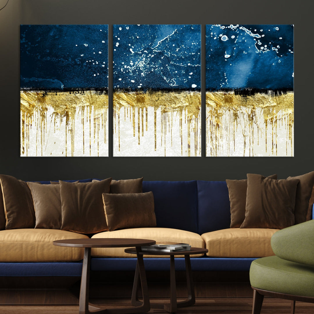 Navy Blue Gold and White Marble Abstract Painting Canvas Wall Art Print