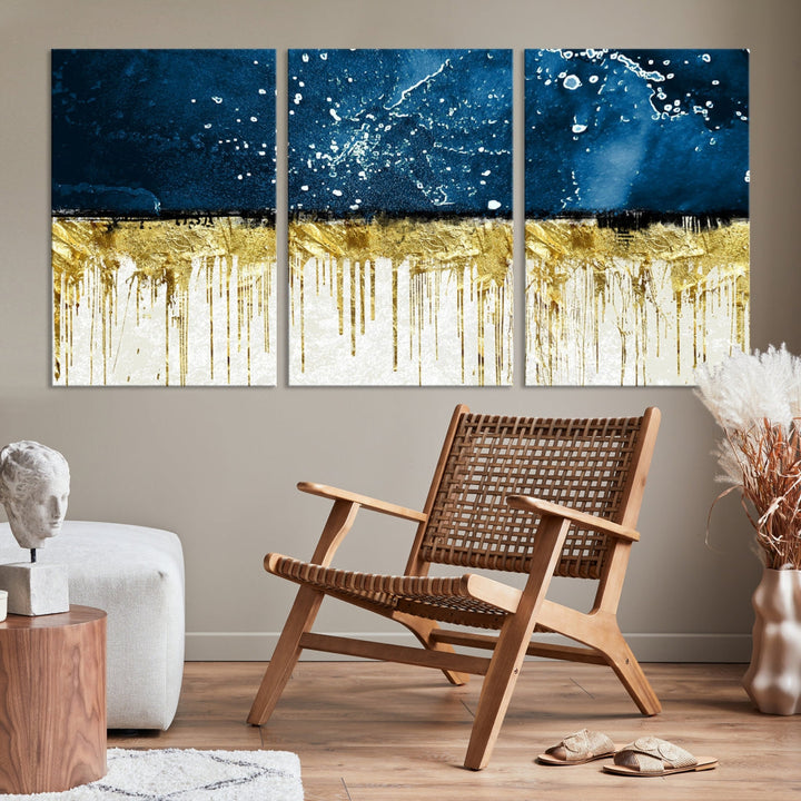 Navy Blue Gold and White Marble Abstract Painting Canvas Wall Art Print