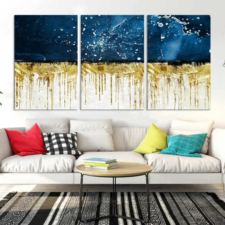 Navy Blue Gold and White Marble Abstract Painting Canvas Wall Art Print