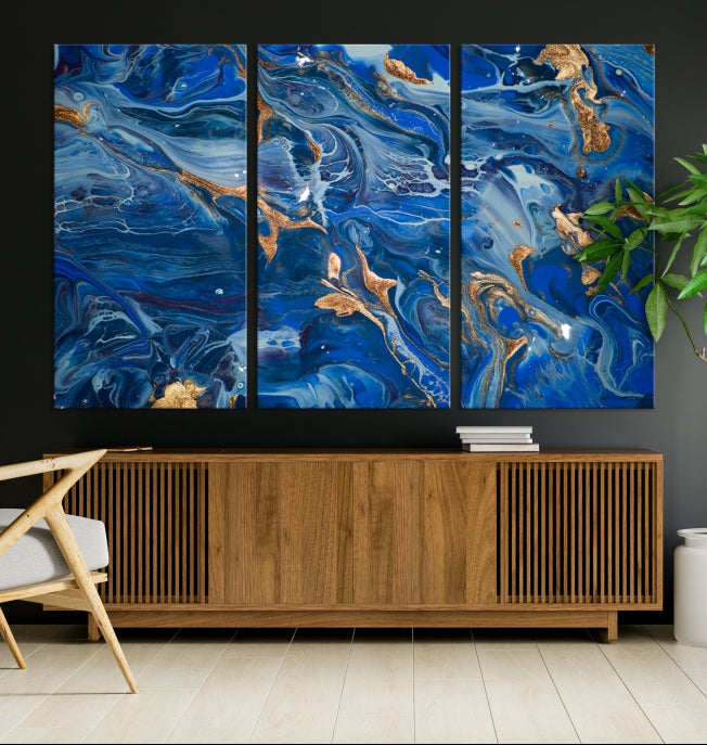 Navy Blue Marble Fluid Effect Abstract Painting Canvas Wall Art Giclee Print