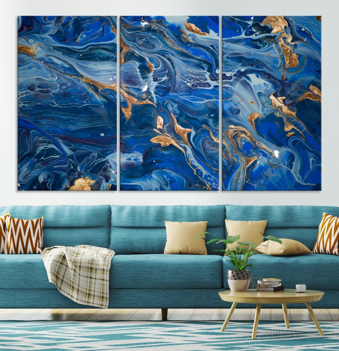 Navy Blue Marble Fluid Effect Abstract Painting Canvas Wall Art Giclee Print