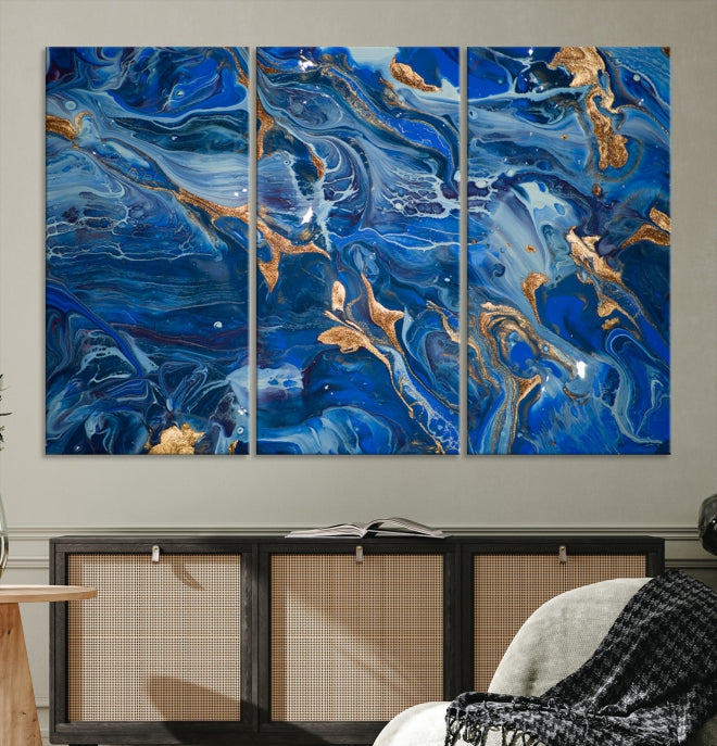 Navy Blue Marble Fluid Effect Abstract Painting Canvas Wall Art Giclee Print