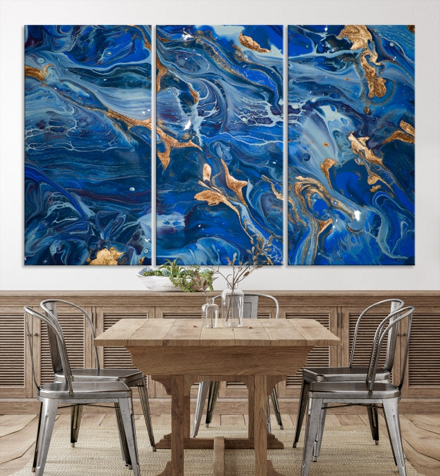 Navy Blue Marble Fluid Effect Abstract Painting Canvas Wall Art Giclee Print