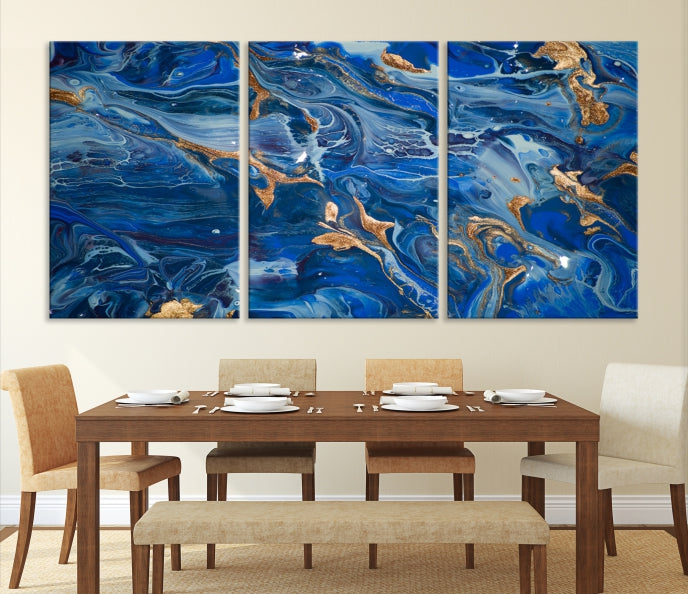 Navy Blue Marble Fluid Effect Abstract Painting Canvas Wall Art Giclee Print