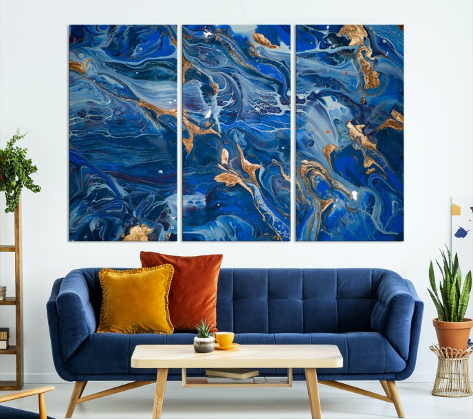 Navy Blue Marble Fluid Effect Abstract Painting Canvas Wall Art Giclee Print