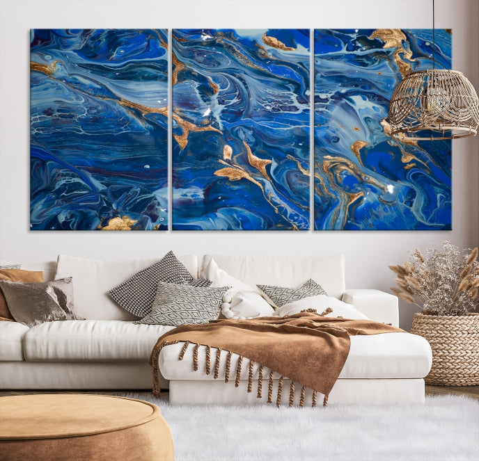 Navy Blue Marble Fluid Effect Abstract Painting Canvas Wall Art Giclee Print