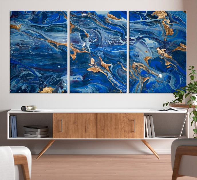 Navy Blue Marble Fluid Effect Abstract Painting Canvas Wall Art Giclee Print