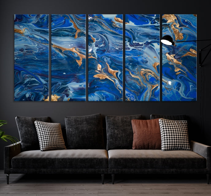 Navy Blue Marble Fluid Effect Abstract Painting Canvas Wall Art Giclee Print