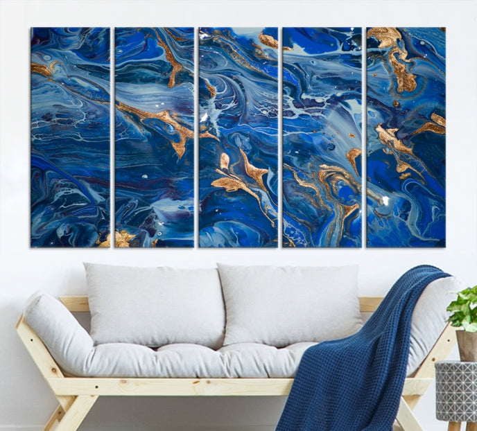 Navy Blue Marble Fluid Effect Abstract Painting Canvas Wall Art Giclee Print