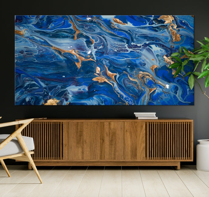 Navy Blue Marble Fluid Effect Abstract Painting Canvas Wall Art Giclee Print