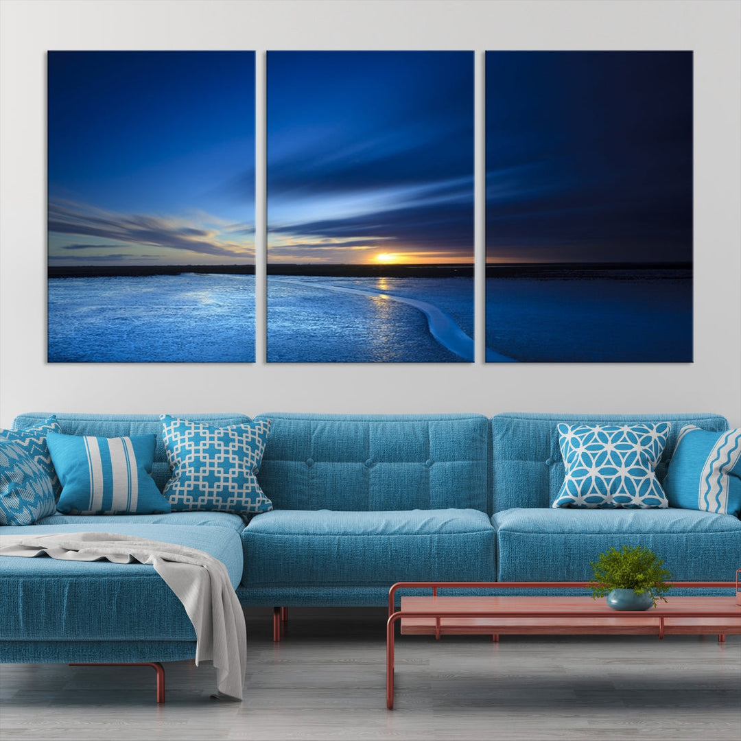 Navy Blue Sunset Sky and Lake Landscape Canvas Wall Art Print