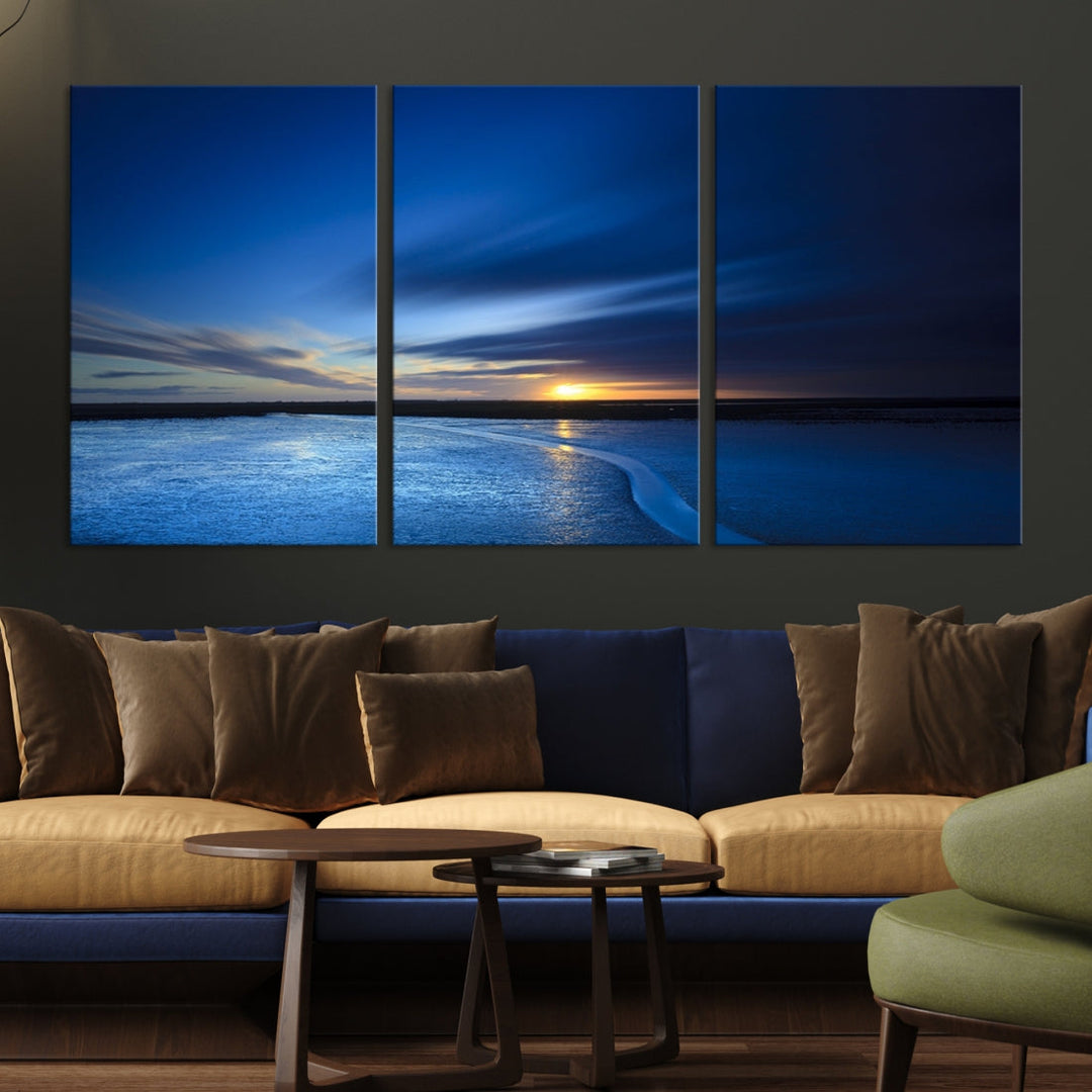 Navy Blue Sunset Sky and Lake Landscape Canvas Wall Art Print