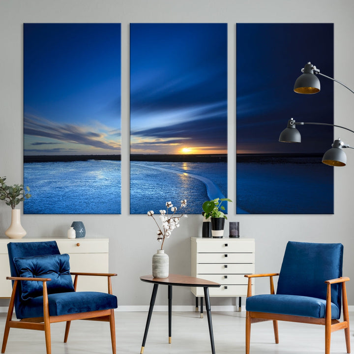 Navy Blue Sunset Sky and Lake Landscape Canvas Wall Art Print