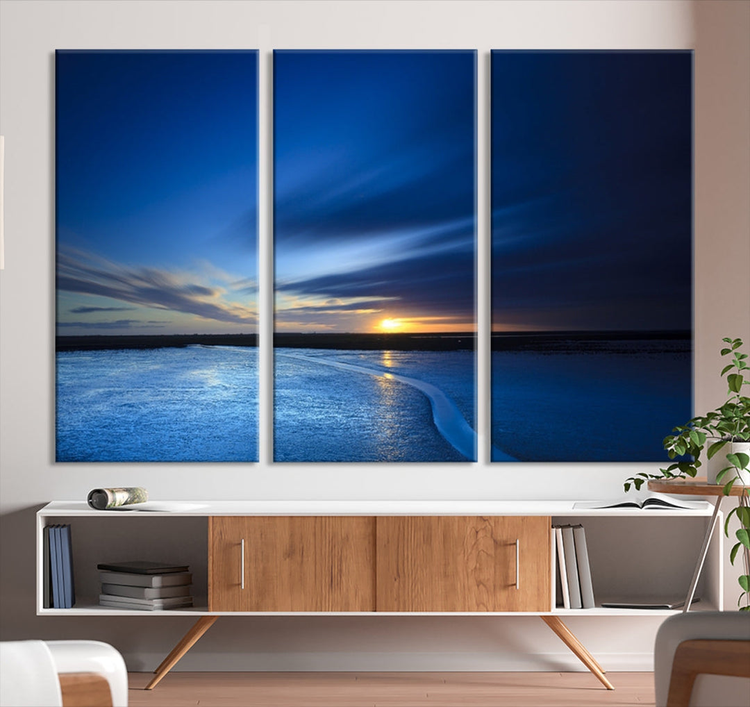 Navy Blue Sunset Sky and Lake Landscape Canvas Wall Art Print