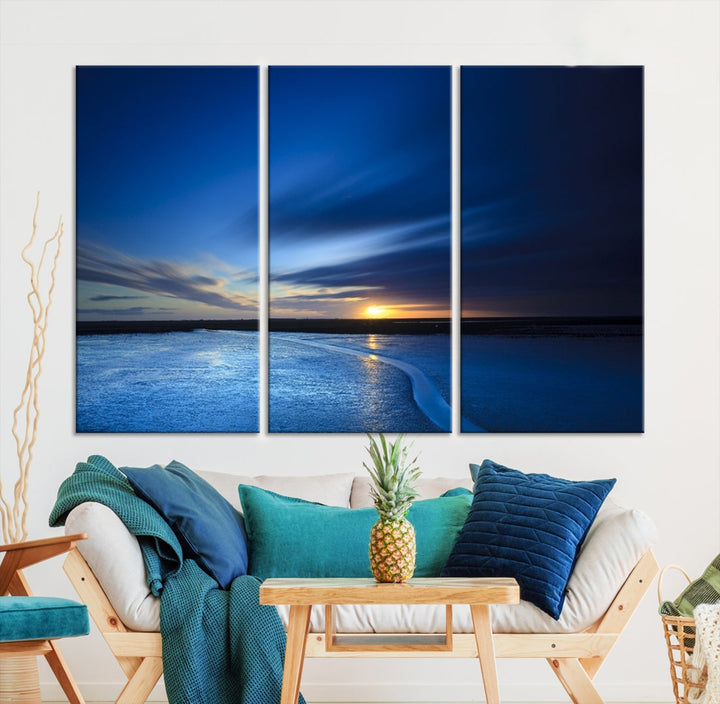 Navy Blue Sunset Sky and Lake Landscape Canvas Wall Art Print