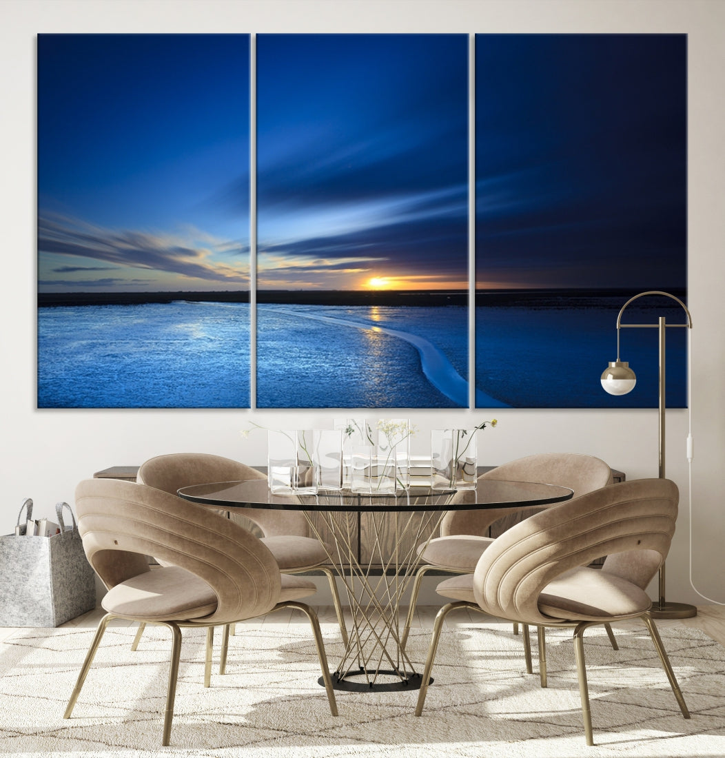 Navy Blue Sunset Sky and Lake Landscape Canvas Wall Art Print