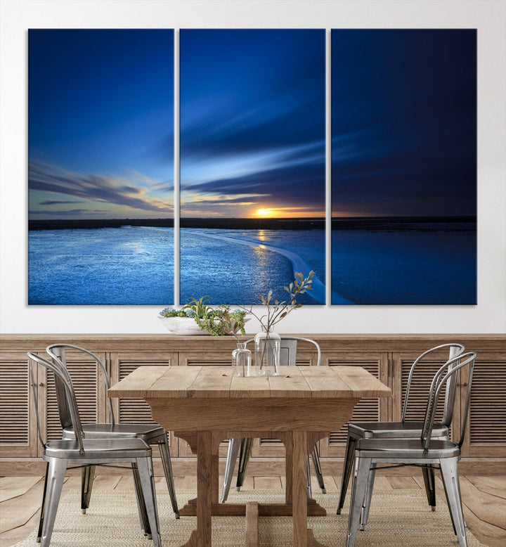 Navy Blue Sunset Sky and Lake Landscape Canvas Wall Art Print