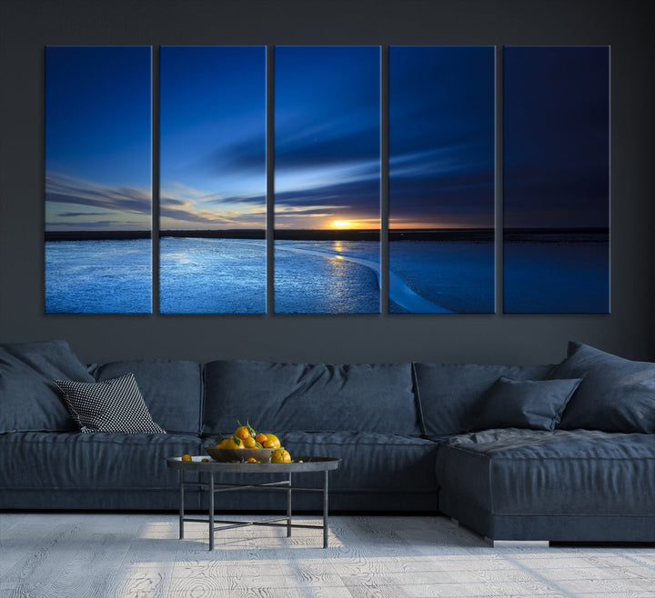 Navy Blue Sunset Sky and Lake Landscape Canvas Wall Art Print