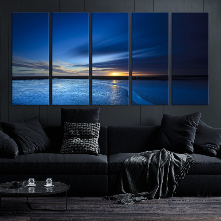 Navy Blue Sunset Sky and Lake Landscape Canvas Wall Art Print