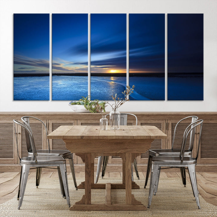 Navy Blue Sunset Sky and Lake Landscape Canvas Wall Art Print