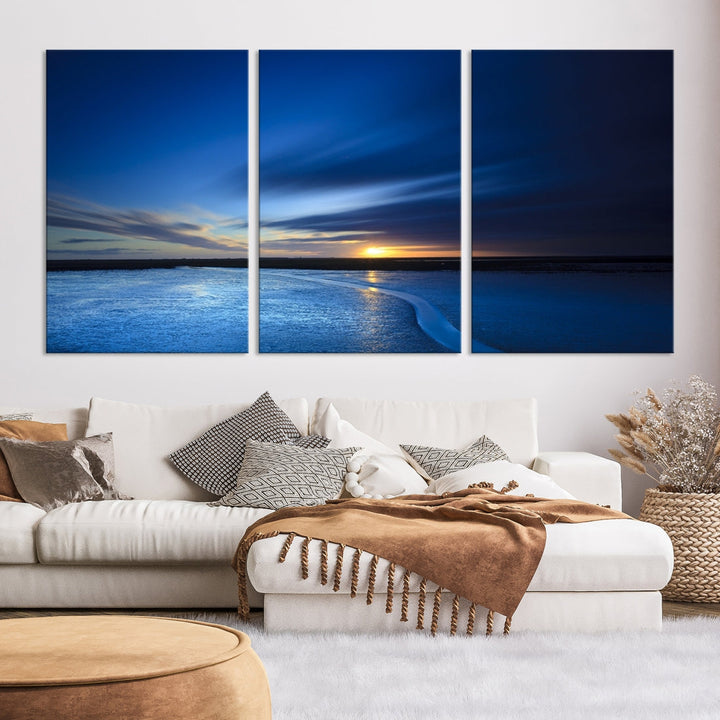 Navy Blue Sunset Sky and Lake Landscape Canvas Wall Art Print