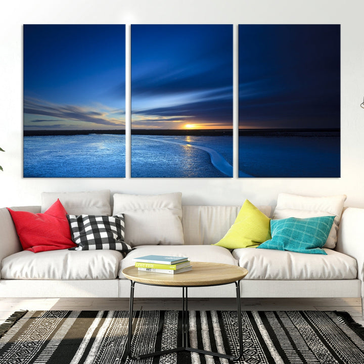 Navy Blue Sunset Sky and Lake Landscape Canvas Wall Art Print