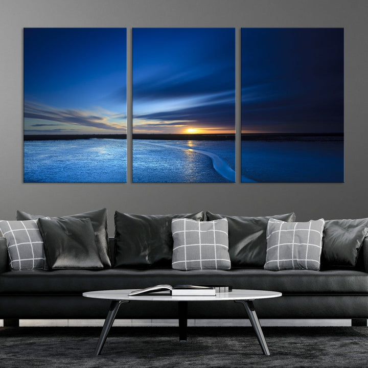 Navy Blue Sunset Sky and Lake Landscape Canvas Wall Art Print