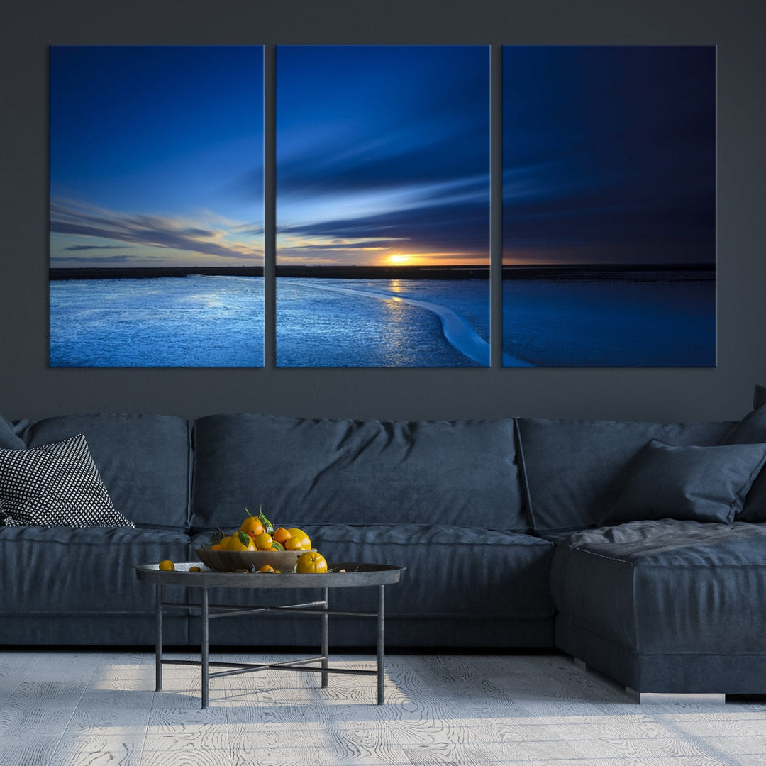 Navy Blue Sunset Sky and Lake Landscape Canvas Wall Art Print