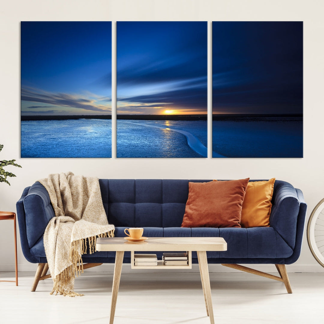 Navy Blue Sunset Sky and Lake Landscape Canvas Wall Art Print