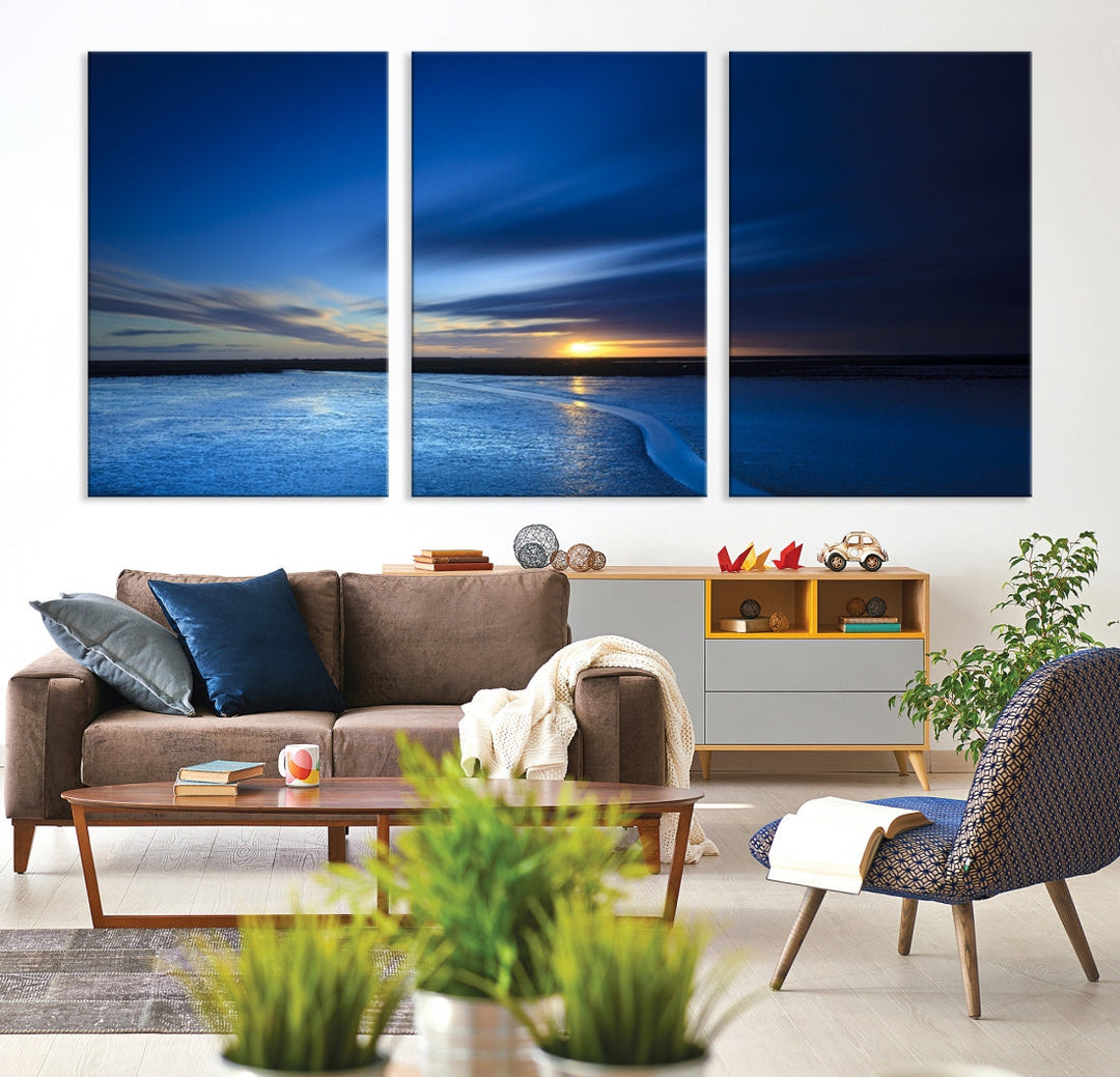 Navy Blue Sunset Sky and Lake Landscape Canvas Wall Art Print