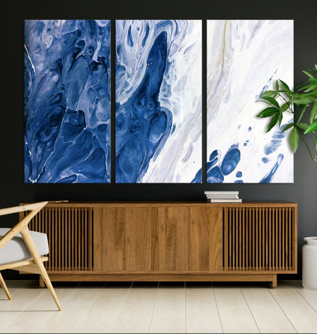 Navy Blue White Marble Fluid Effect Paint Drip Abstract Canvas Wall Art Giclee Print