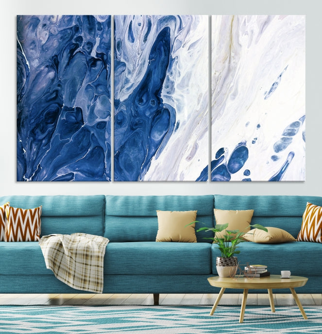 Navy Blue White Marble Fluid Effect Paint Drip Abstract Canvas Wall Art Giclee Print