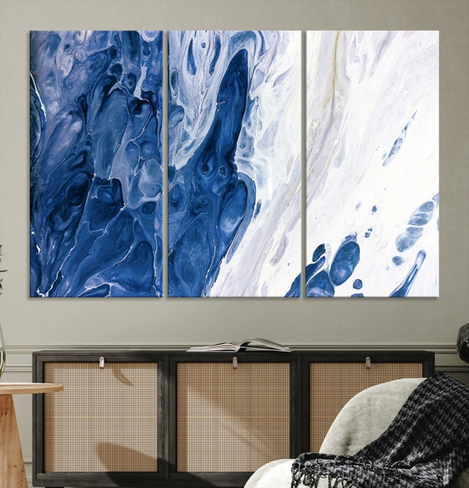 Navy Blue White Marble Fluid Effect Paint Drip Abstract Canvas Wall Art Giclee Print