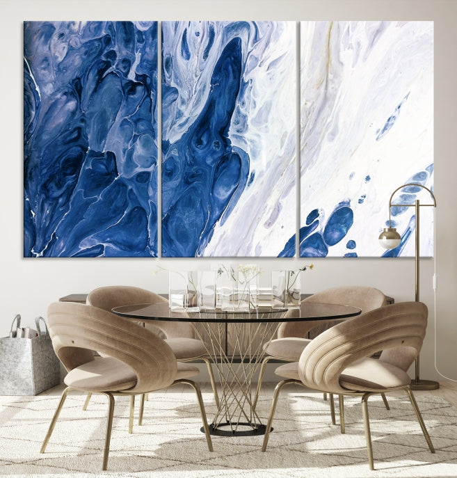 Navy Blue White Marble Fluid Effect Paint Drip Abstract Canvas Wall Art Giclee Print