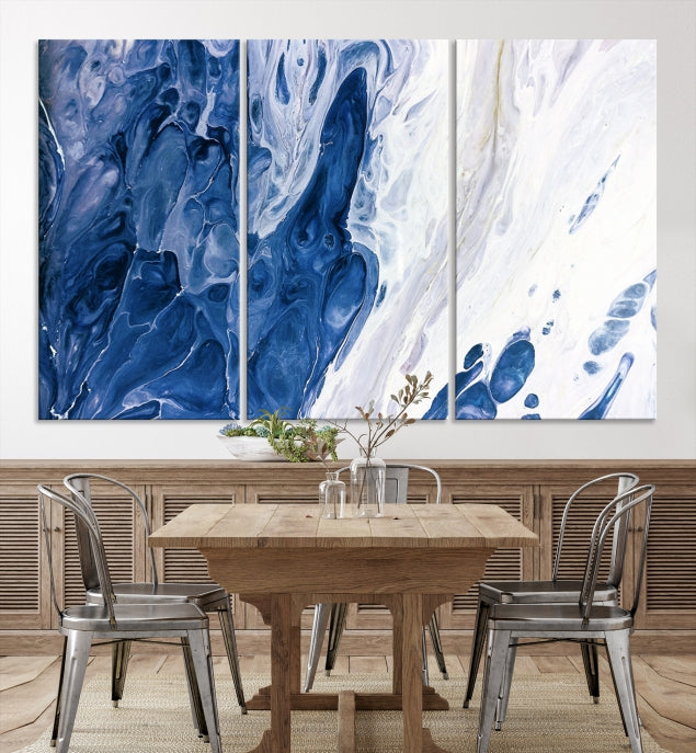 Navy Blue White Marble Fluid Effect Paint Drip Abstract Canvas Wall Art Giclee Print