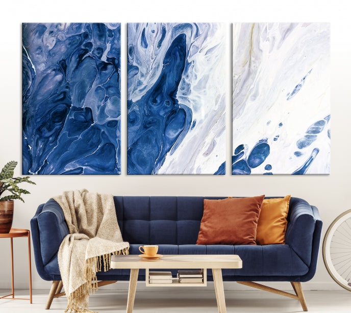 Navy Blue White Marble Fluid Effect Paint Drip Abstract Canvas Wall Art Giclee Print