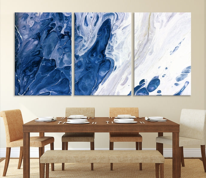 Navy Blue White Marble Fluid Effect Paint Drip Abstract Canvas Wall Art Giclee Print